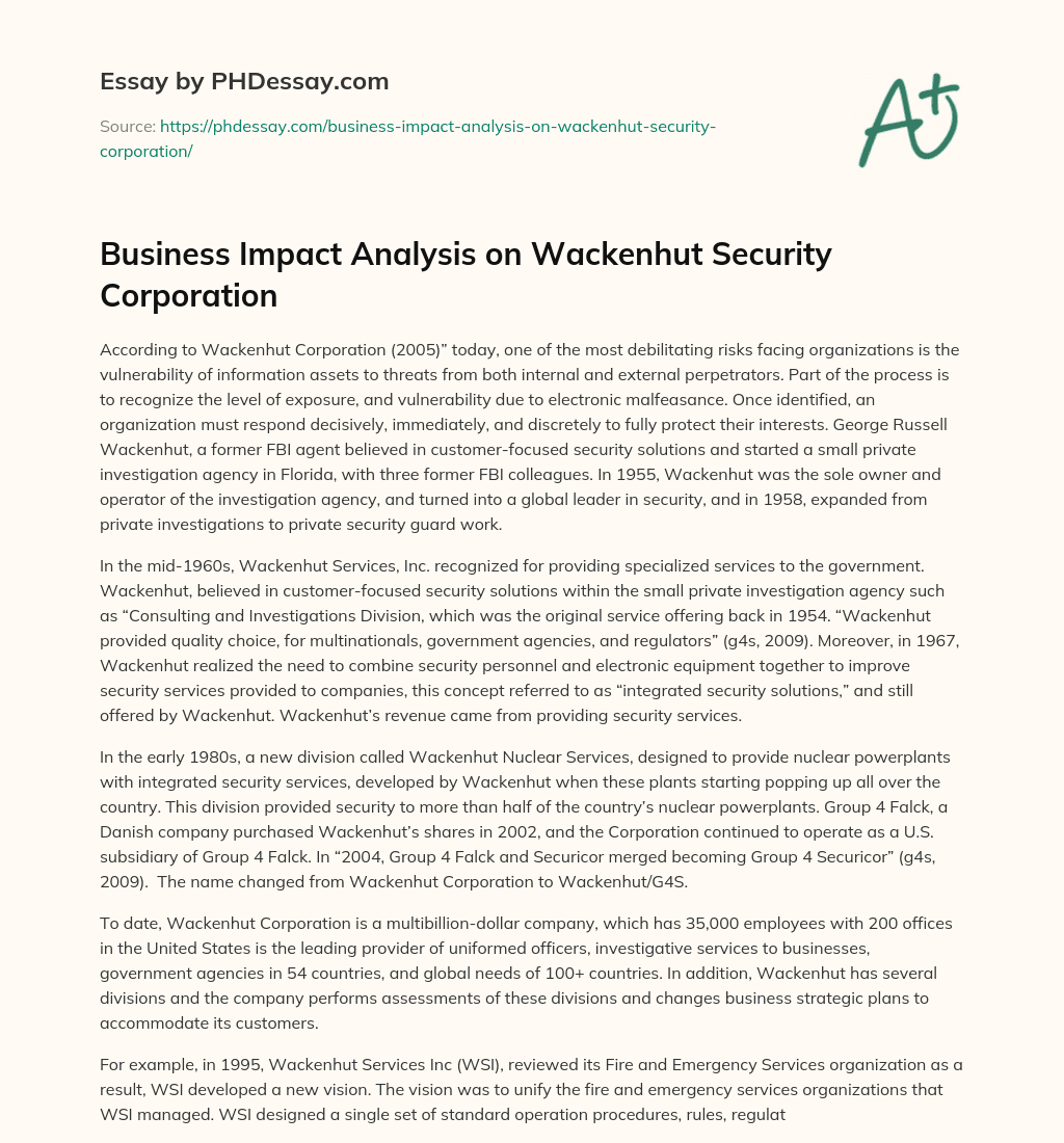 Business Impact Analysis on Wackenhut Security Corporation essay