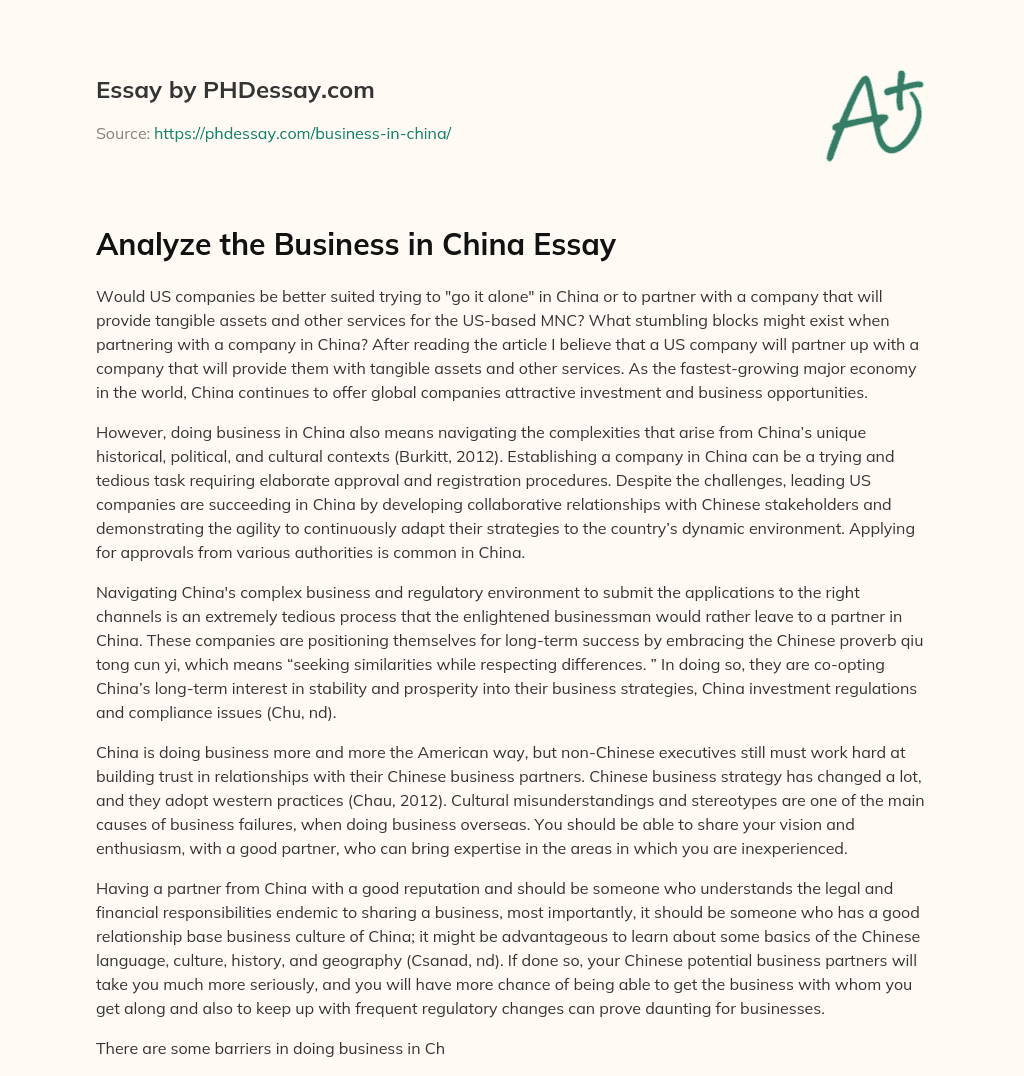 Partnering with Chinese Companies for US Business Success essay