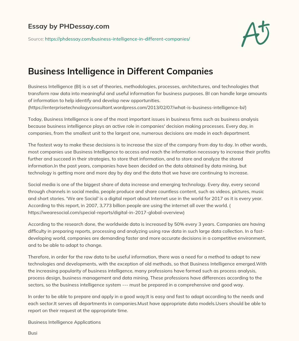 Business Intelligence in Different Companies essay