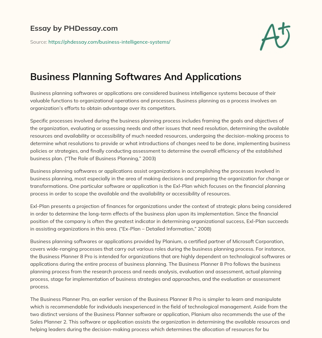Business Planning Softwares And Applications essay