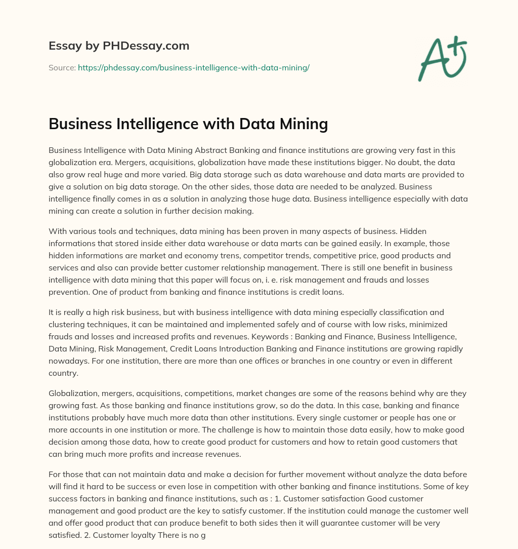 Business Intelligence with Data Mining essay
