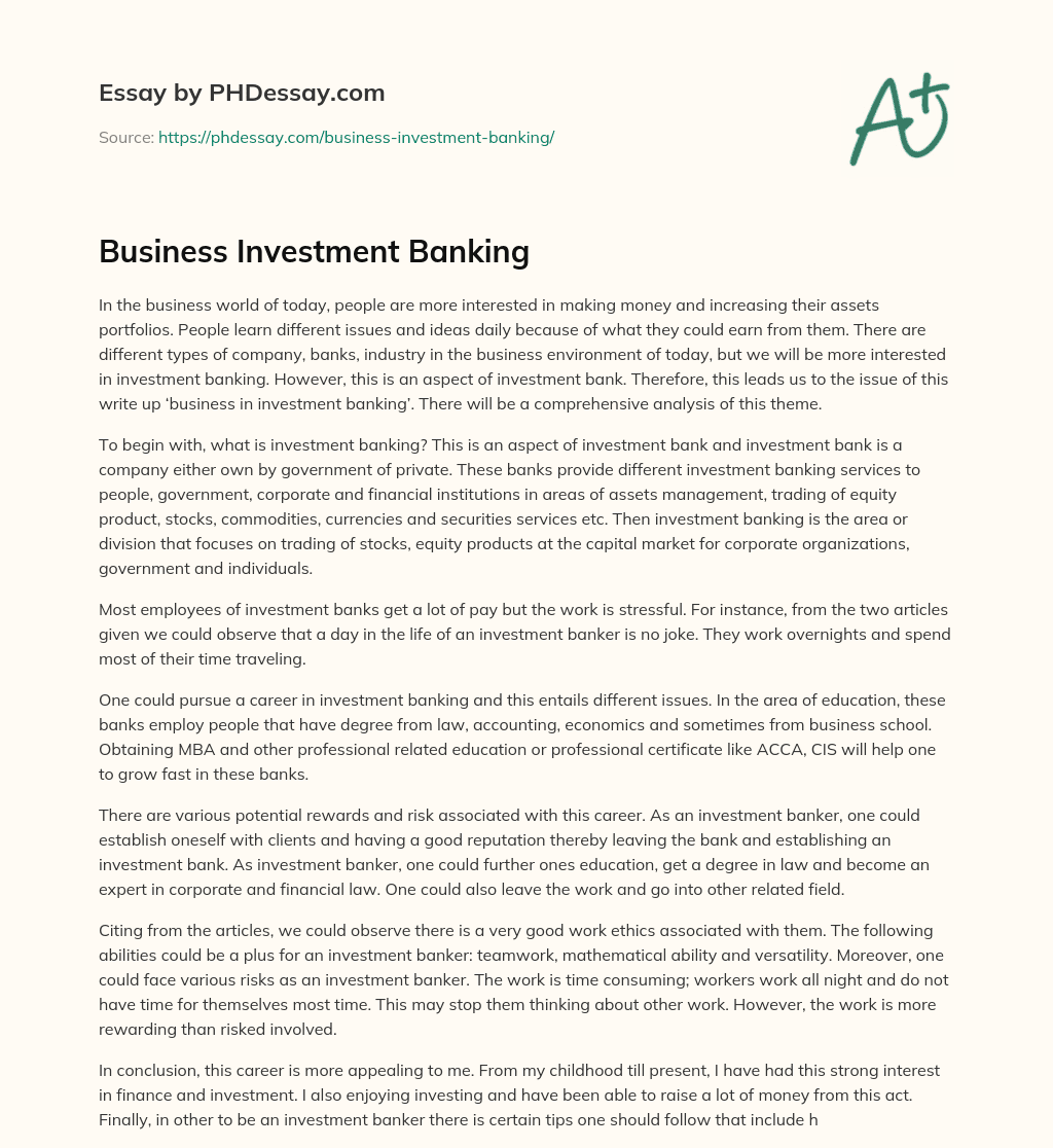 Business Investment Banking essay