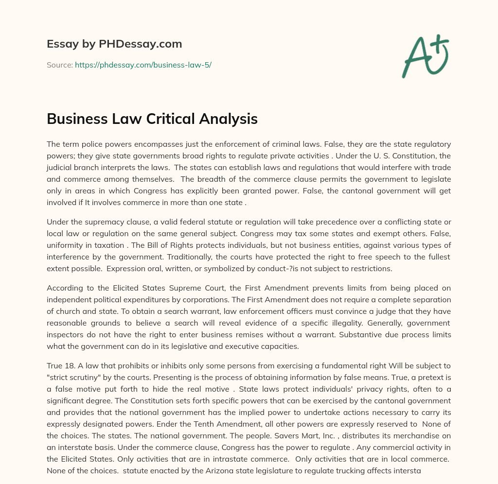 Business Law Critical Analysis essay
