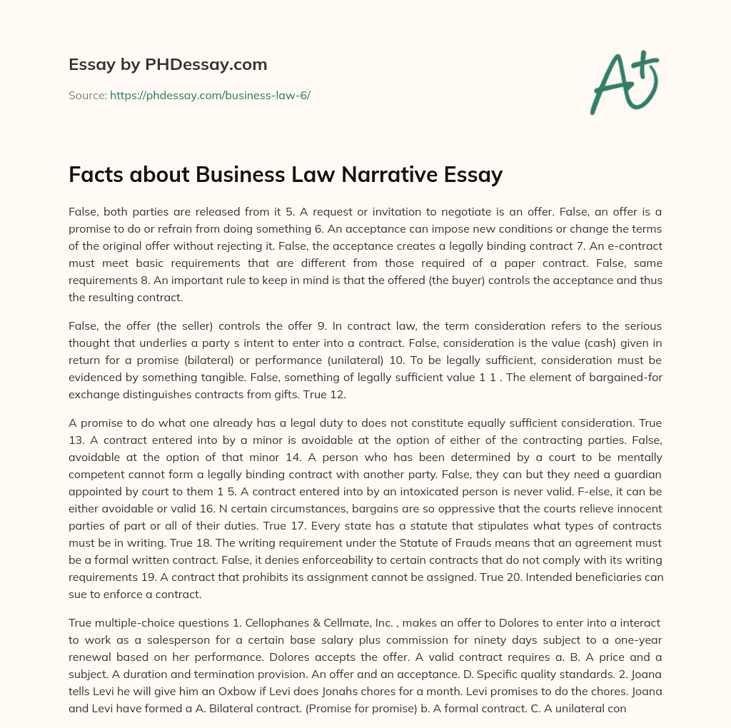 Facts about Business Law Narrative Essay essay