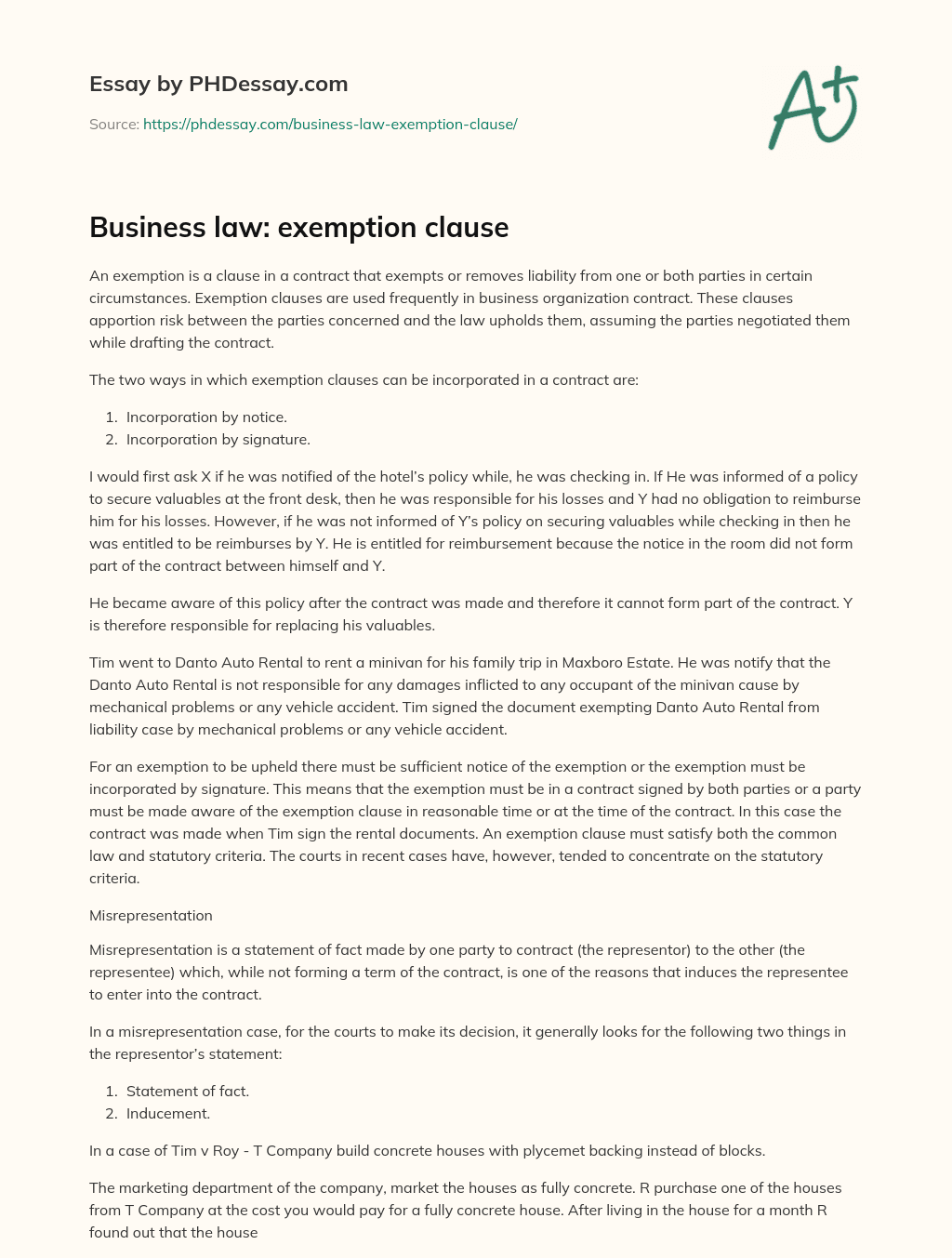 Business law exemption clause