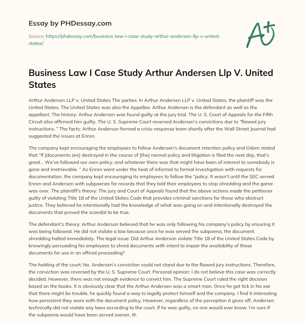 Business Law I Case Study Arthur Andersen Llp V. United States essay