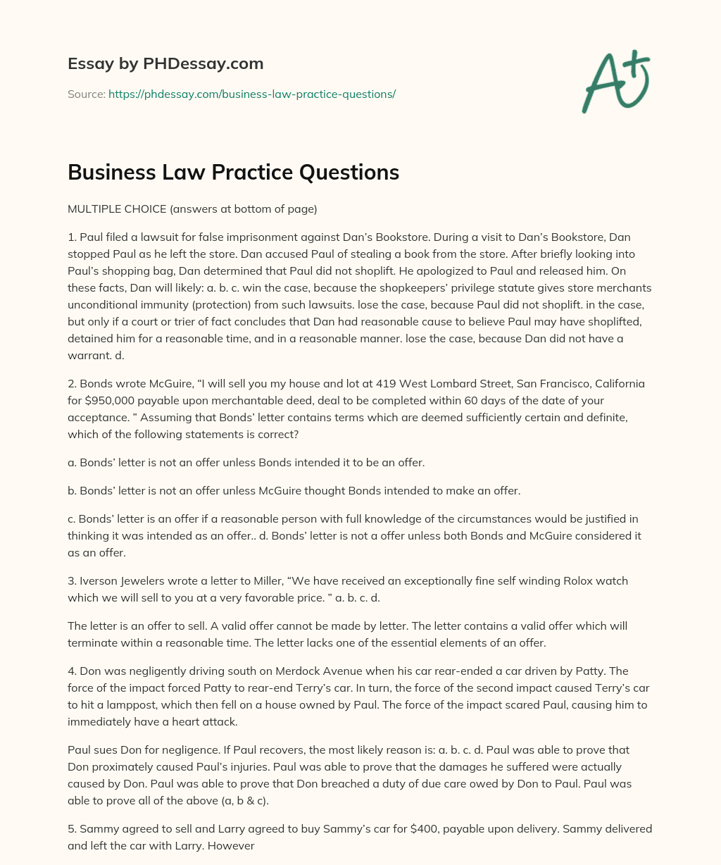 Business Law Practice Questions essay