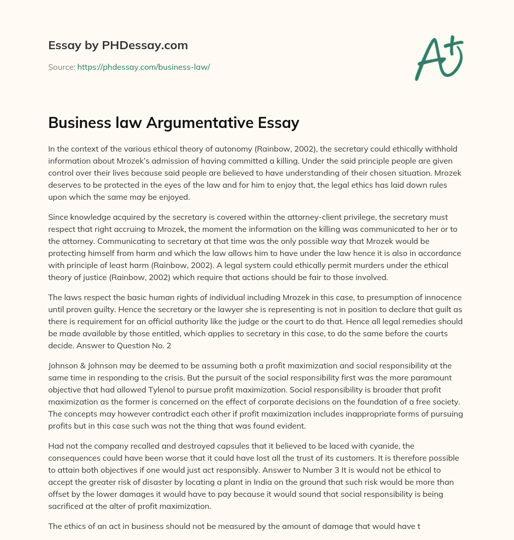 Business law Argumentative Essay essay