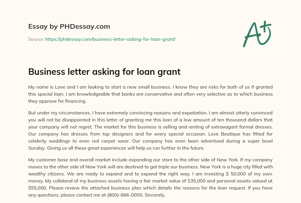 Business letter asking for loan grant essay