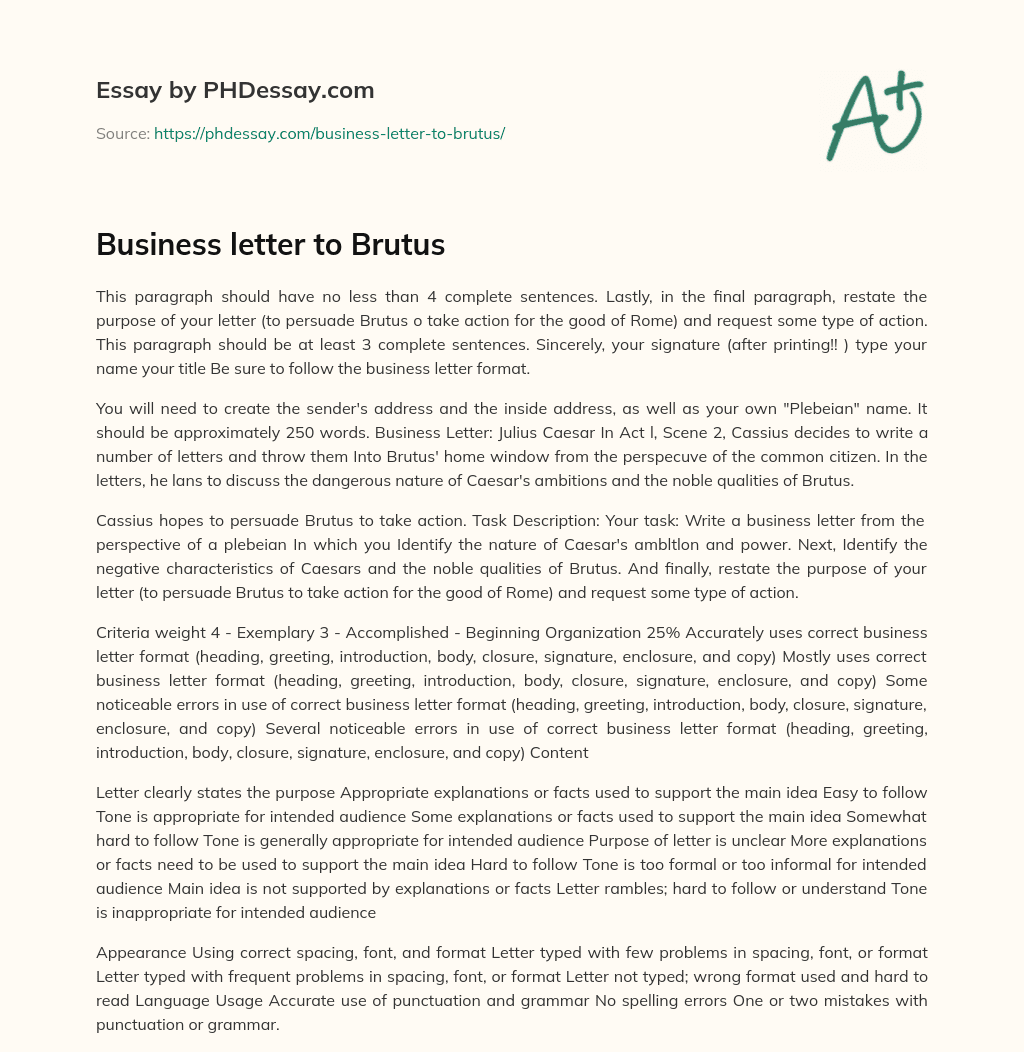 Business letter to Brutus essay