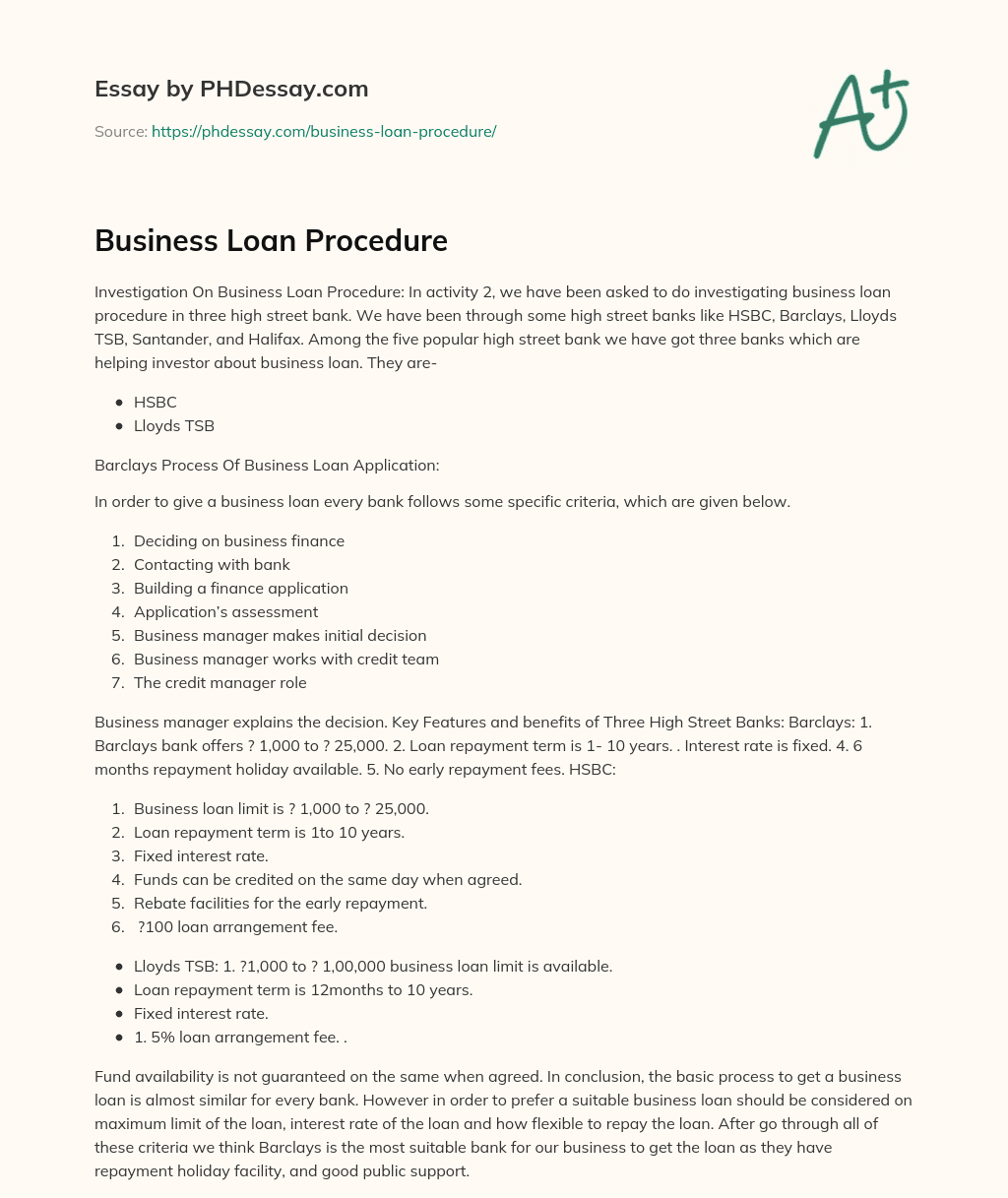Business Loan Procedure essay