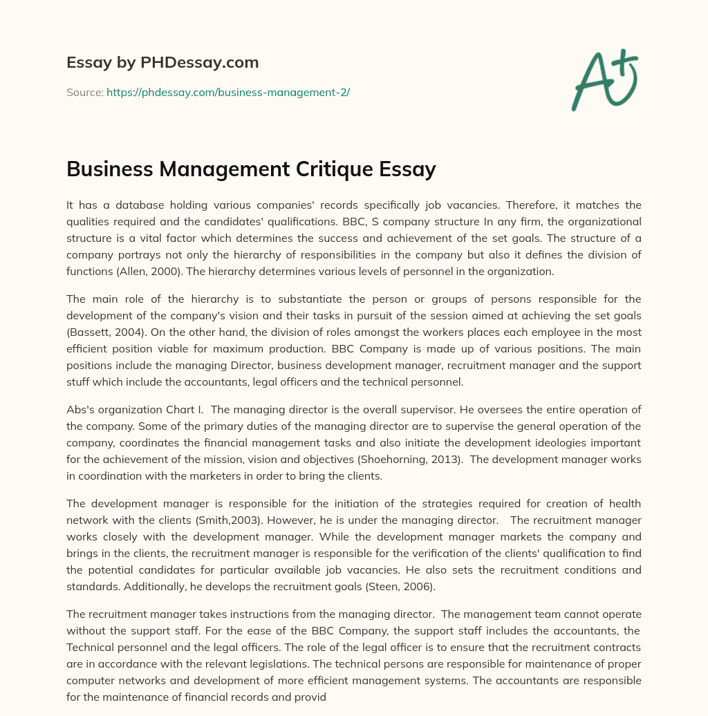 Business Management Critique Essay essay