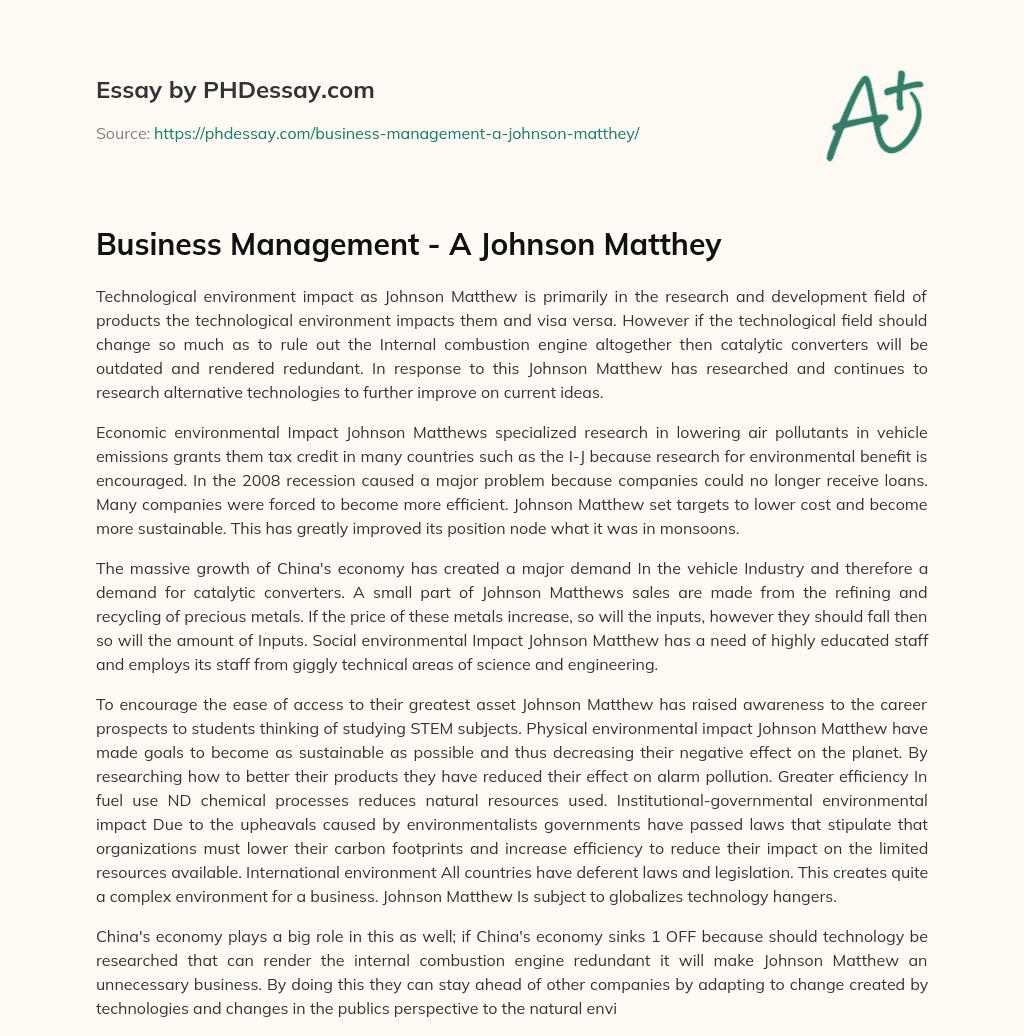 Business Management – A Johnson Matthey essay