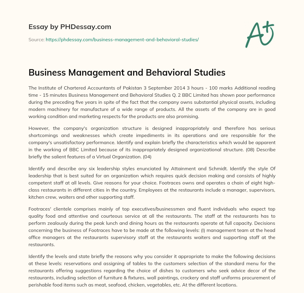 Business Management and Behavioral Studies essay