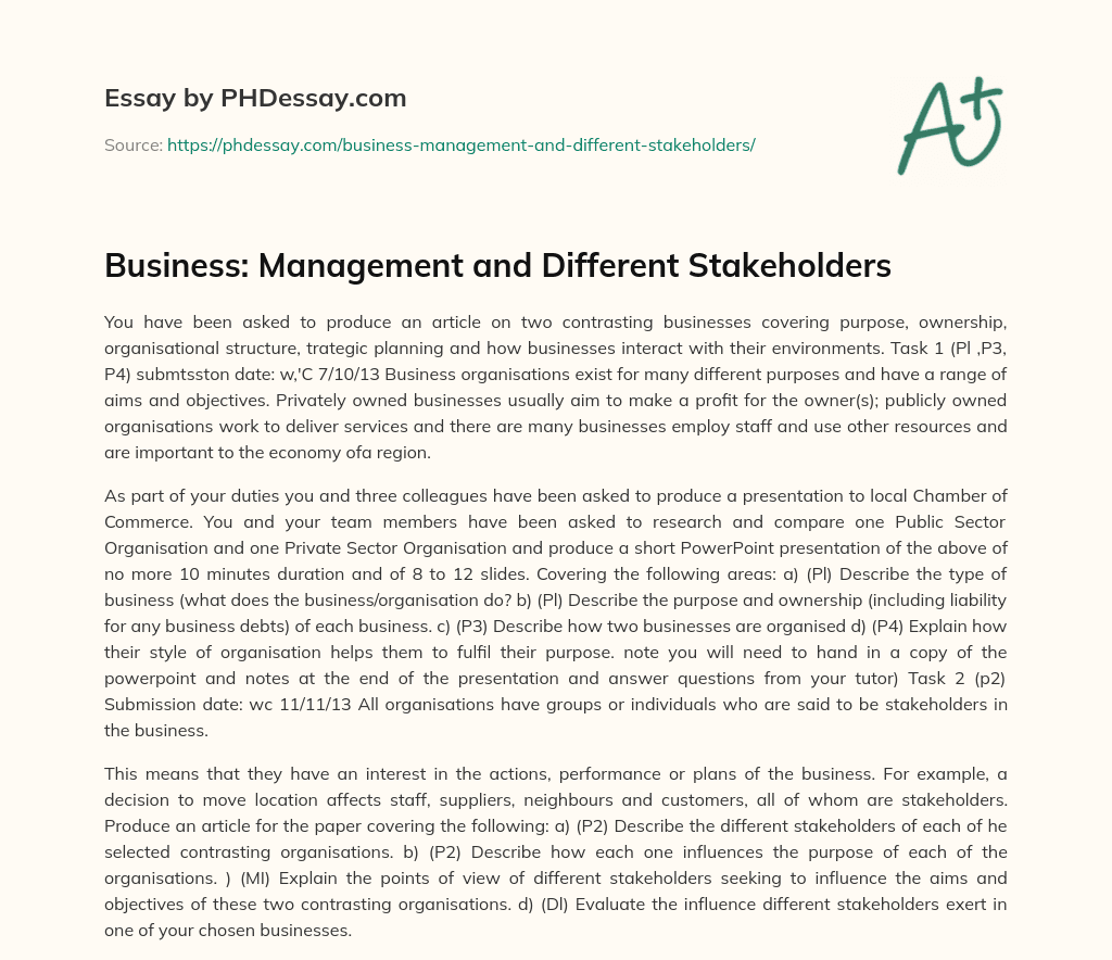 Business: Management and Different Stakeholders essay