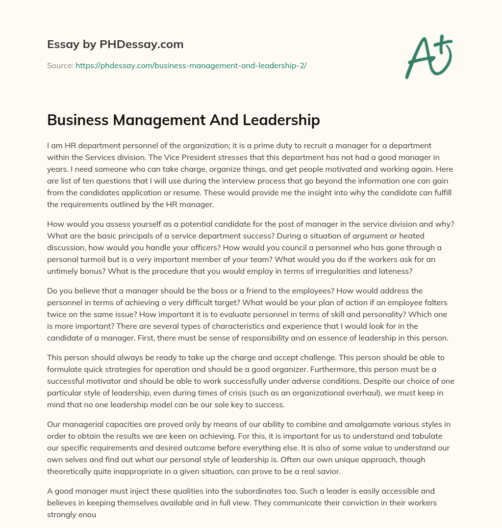 Business Management And Leadership essay