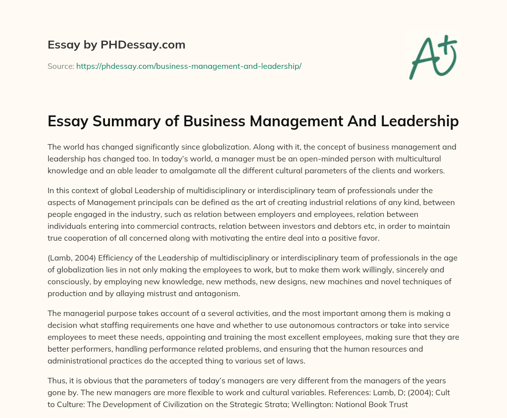 Essay Summary of Business Management And Leadership essay