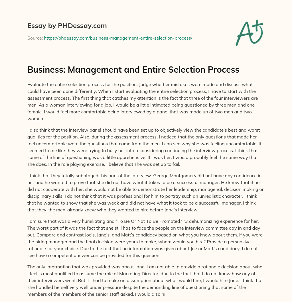 Business: Management and Entire Selection Process essay