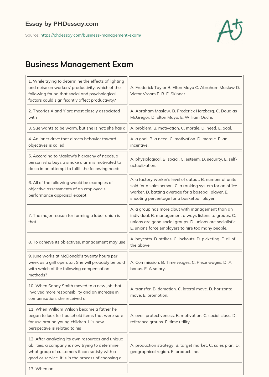 Business Management Exam essay