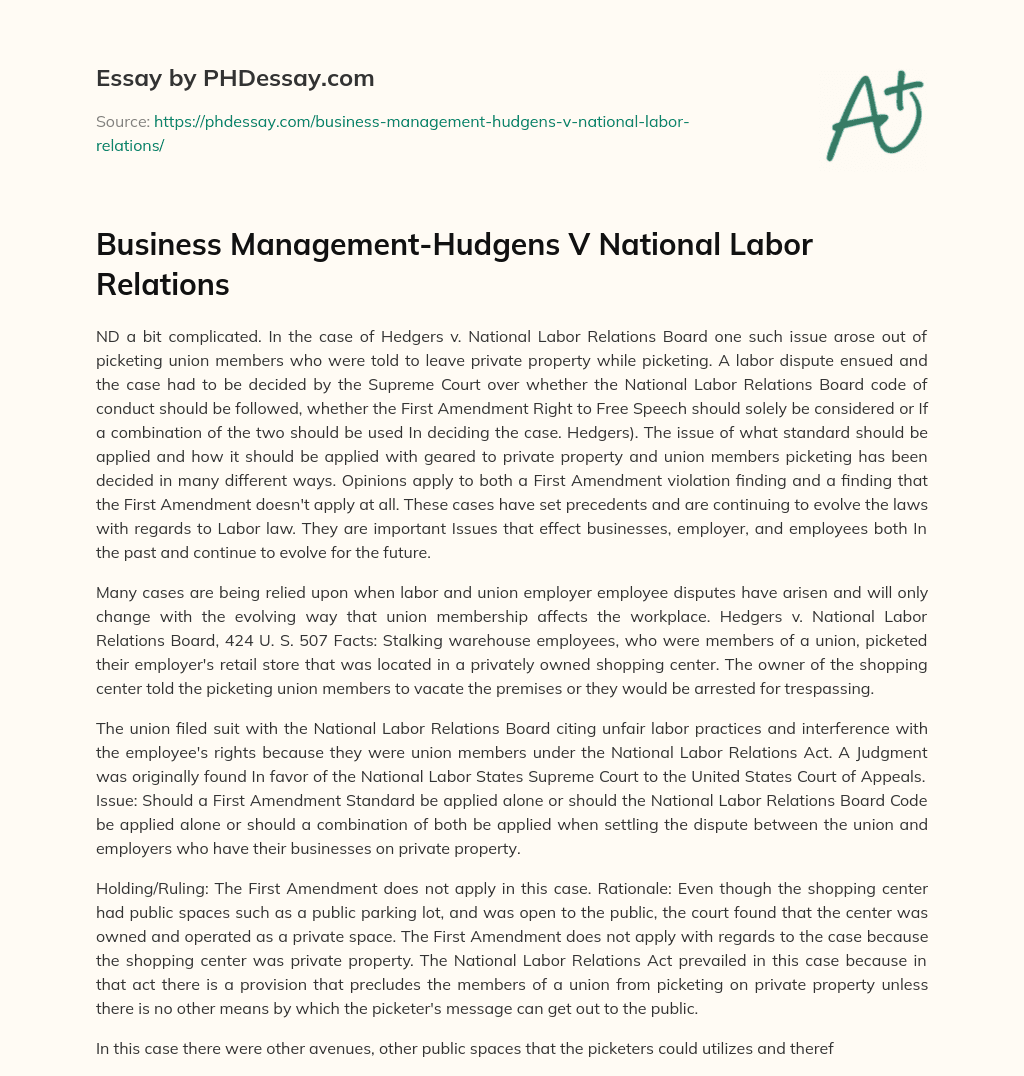 Business Management-Hudgens V National Labor Relations essay