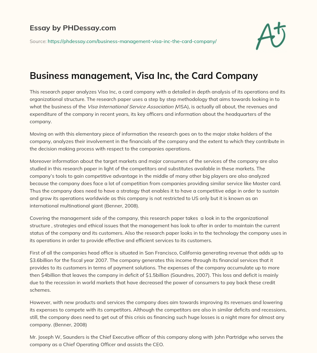 Business management, Visa Inc, the Card Company essay
