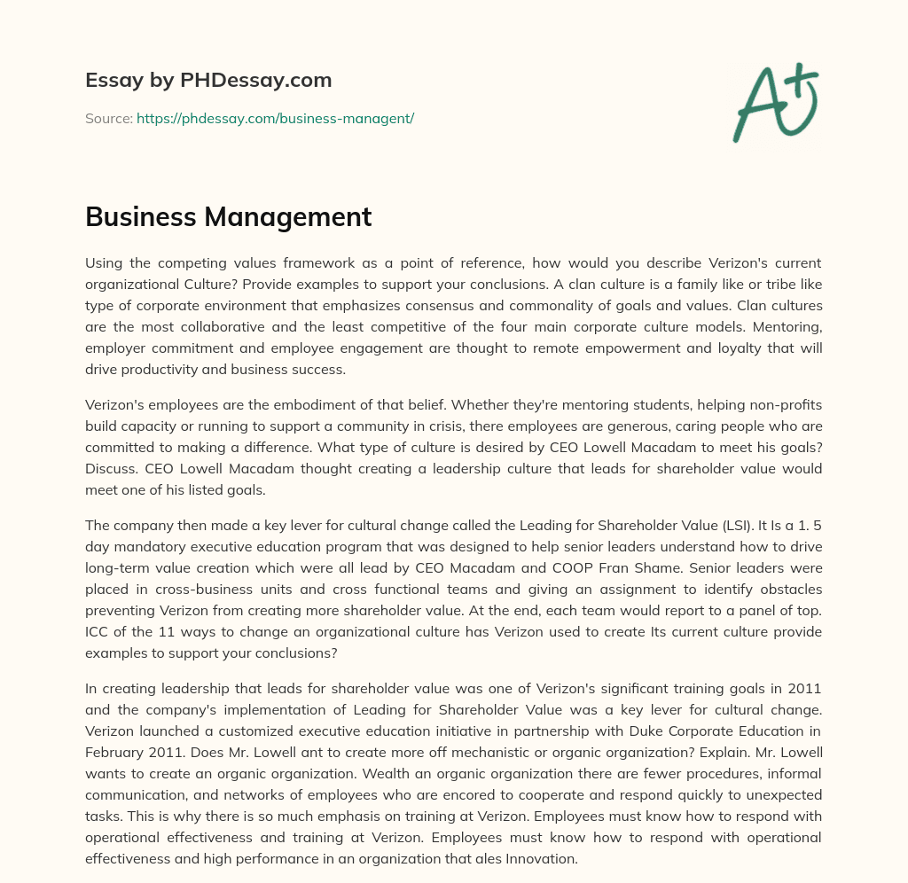 Verizon’s Organizational Culture and CEO’s Desired Culture Shift towards Shareholder Value essay