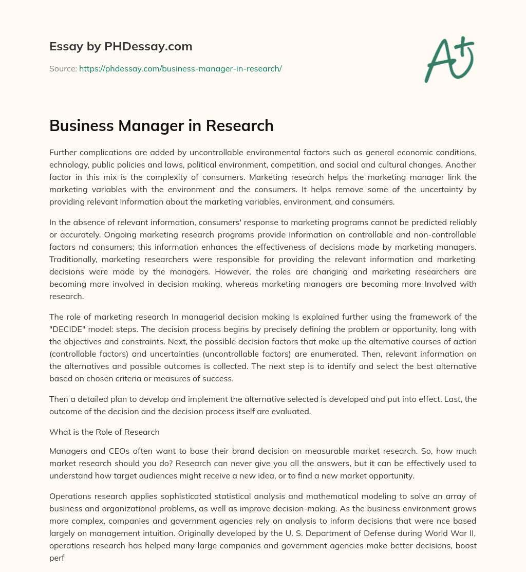 Business Manager in Research essay
