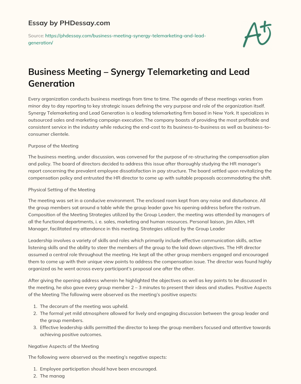Business Meeting – Synergy Telemarketing and Lead Generation essay