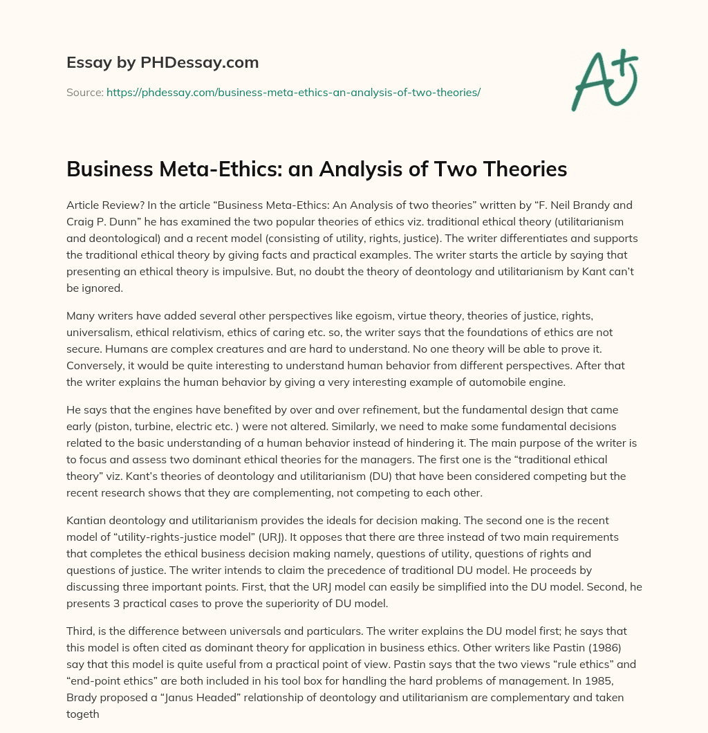 Business Meta-Ethics: an Analysis of Two Theories essay