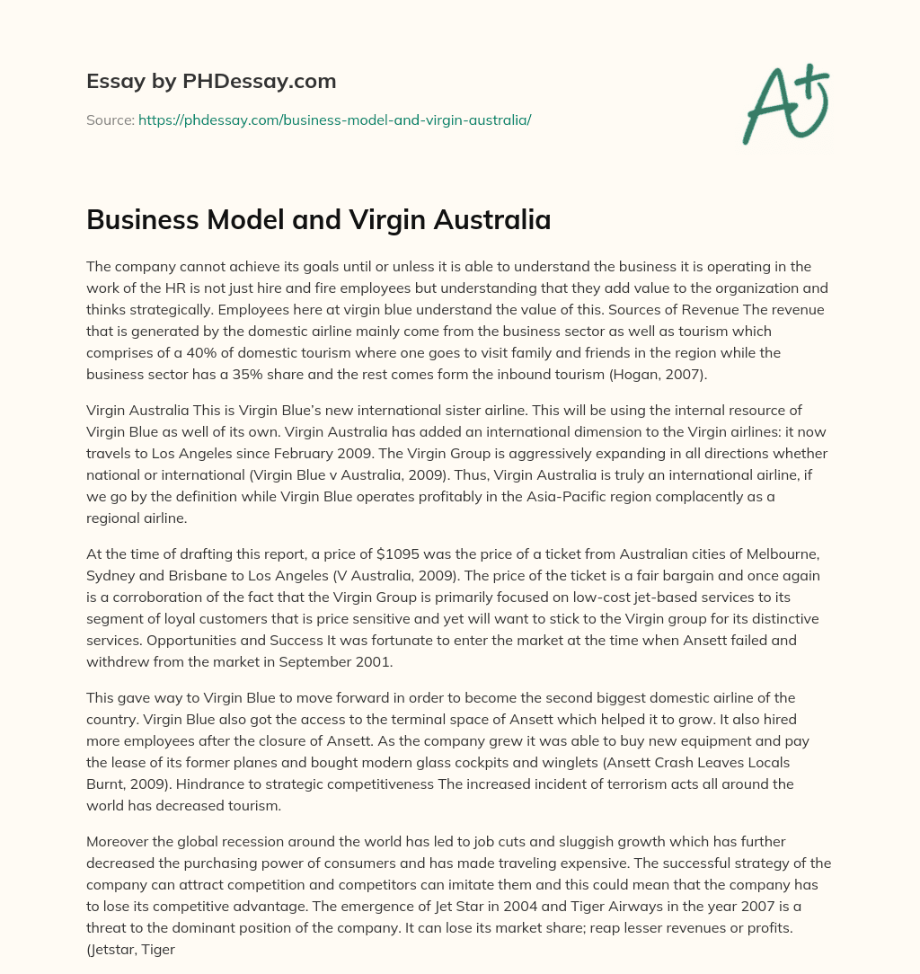Business Model and Virgin Australia essay