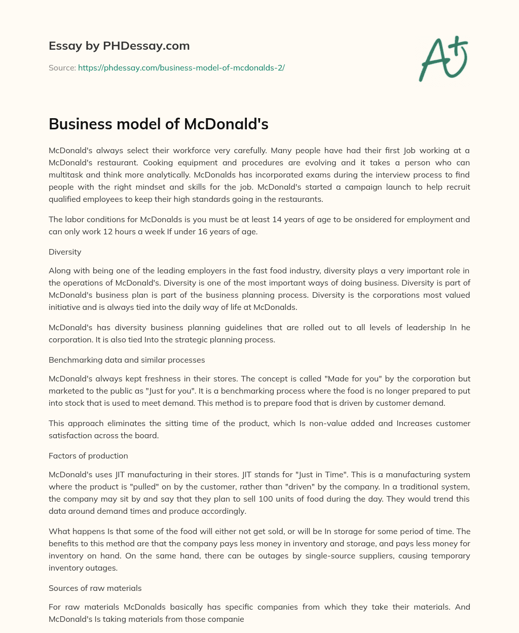 Business model of McDonald’s essay