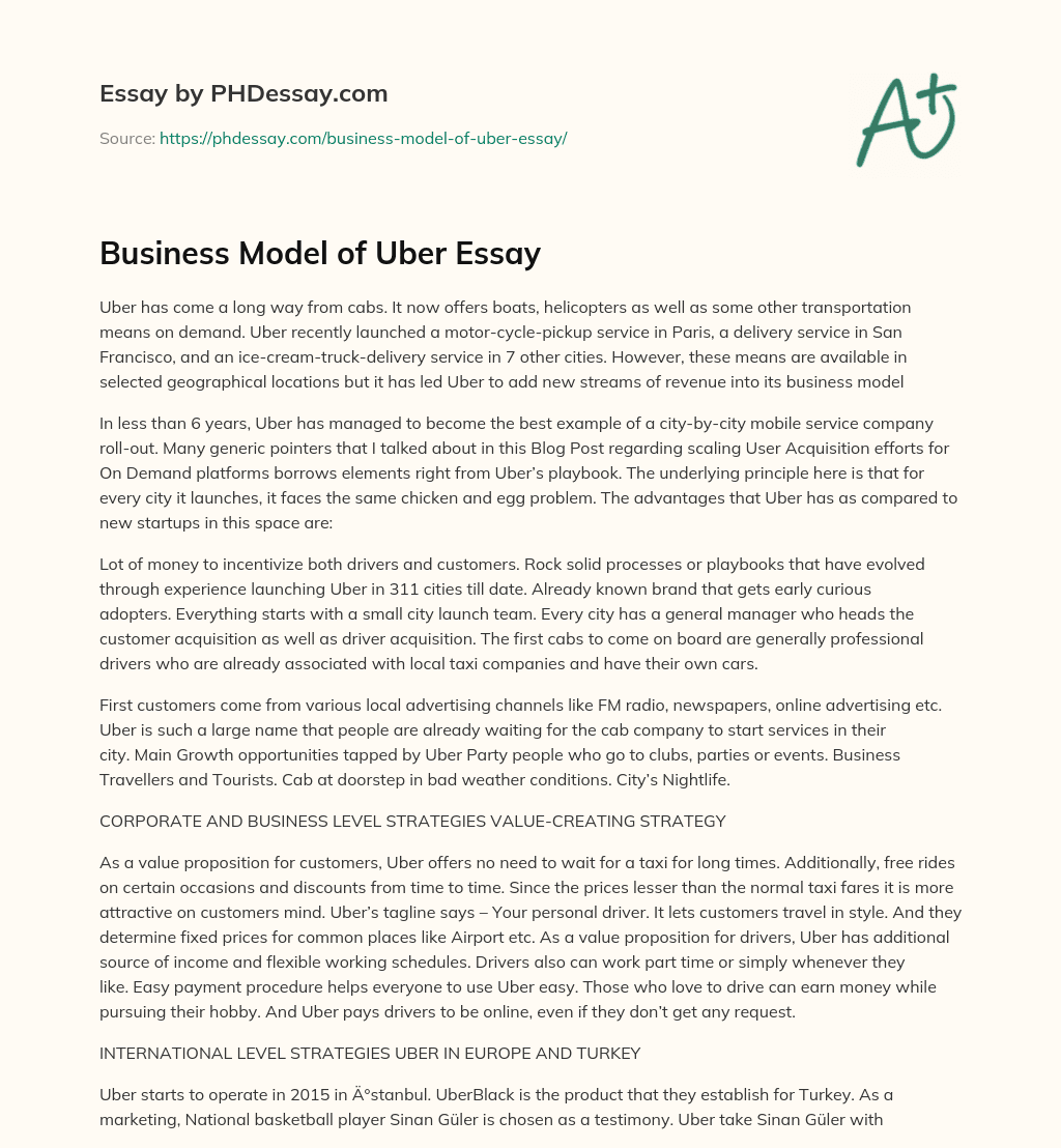 Business Model of Uber Essay essay