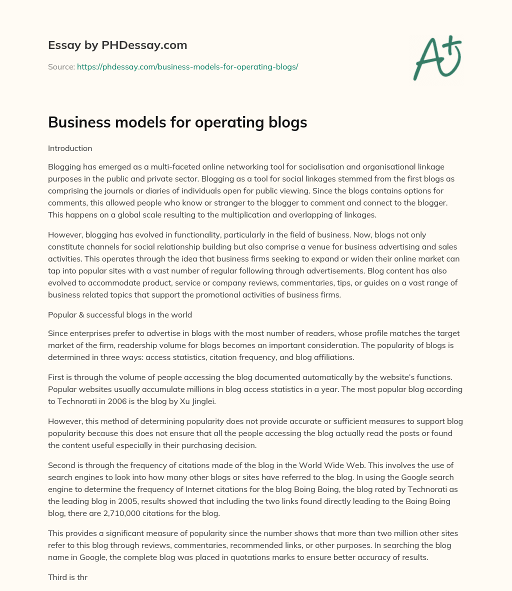 Business models for operating blogs essay