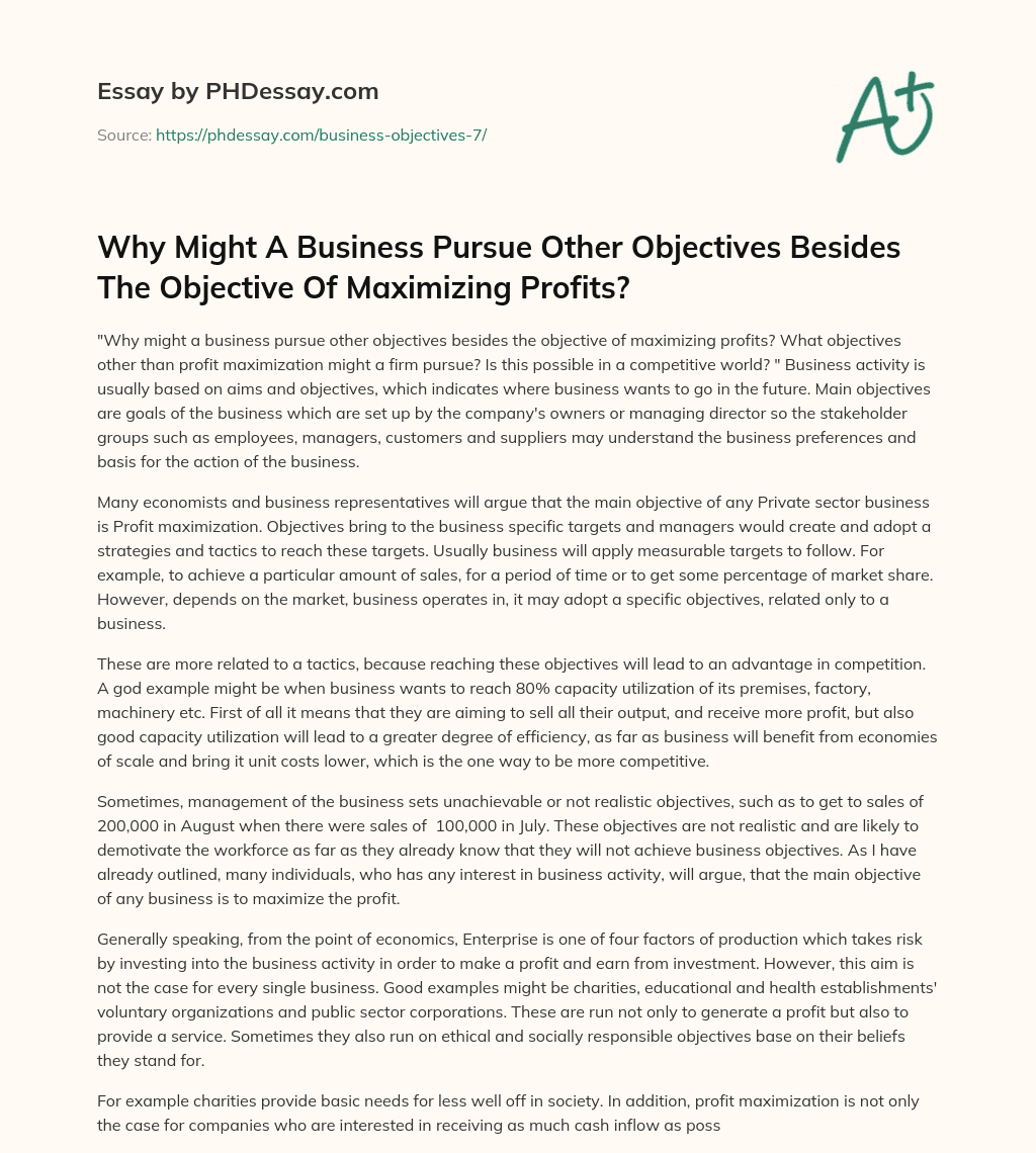 Why Might A Business Pursue Other Objectives Besides The Objective Of Maximizing Profits? essay