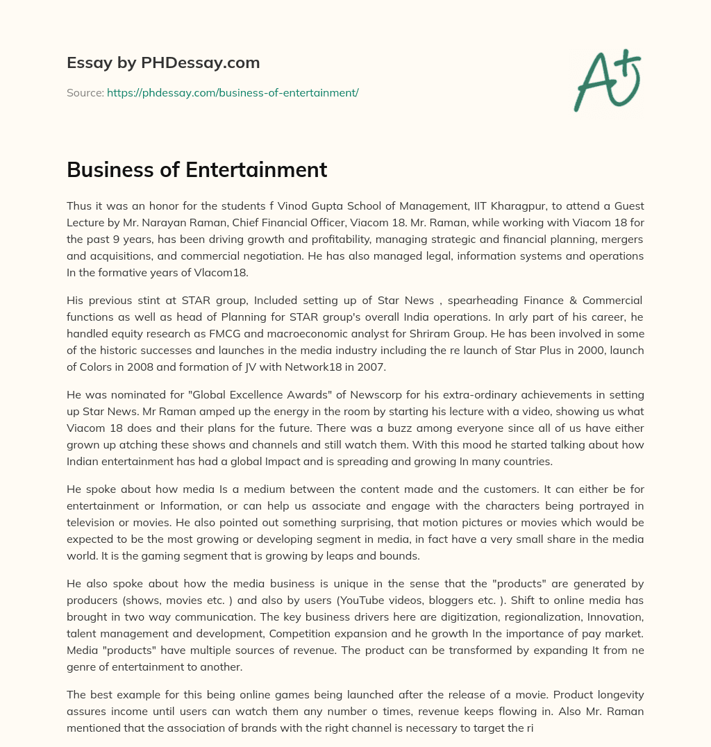 Business of Entertainment essay