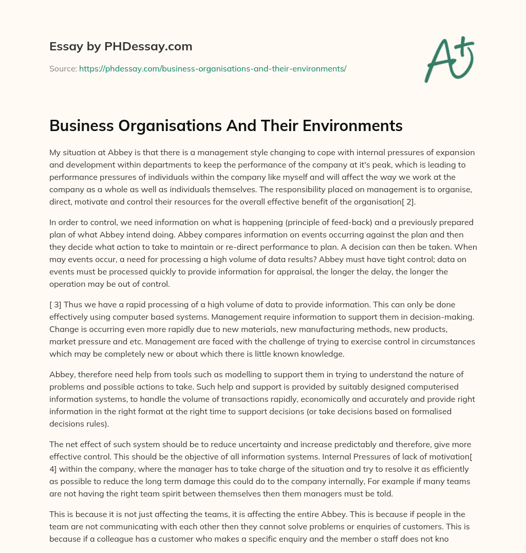 Business Organisations And Their Environments essay