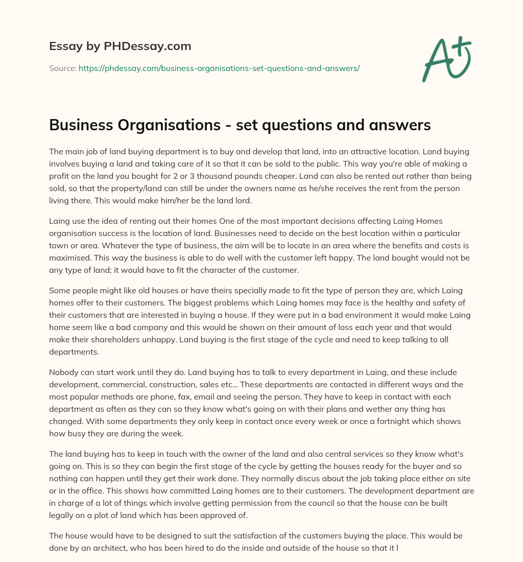Business Organisations – set questions and answers essay