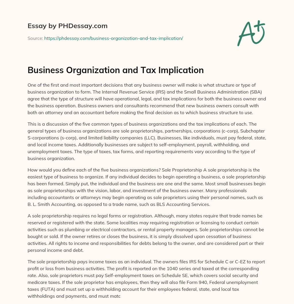 Business Organization and Tax Implication essay