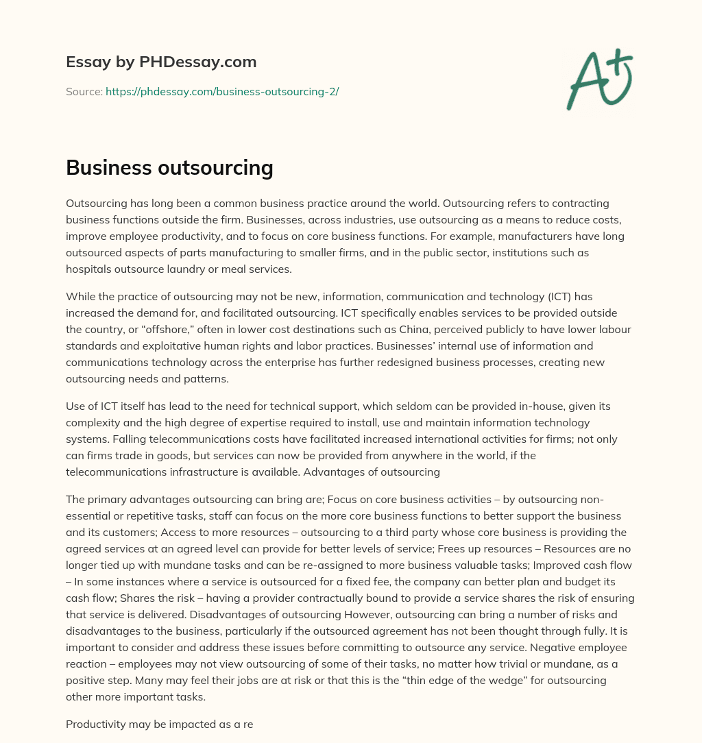 Business outsourcing essay
