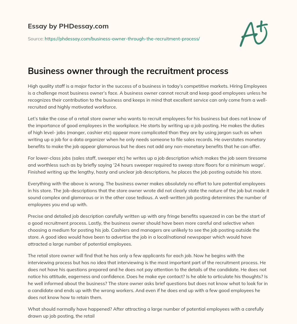 Business owner through the recruitment process essay