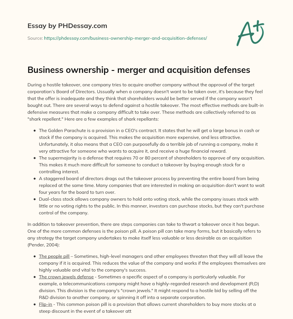 Business ownership – merger and acquisition defenses essay