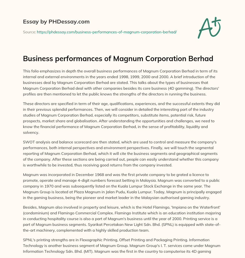 Business performances of Magnum Corporation Berhad essay