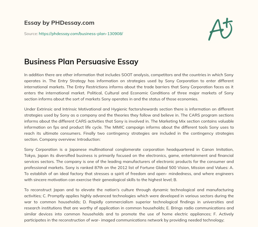 Business Plan Persuasive Essay essay