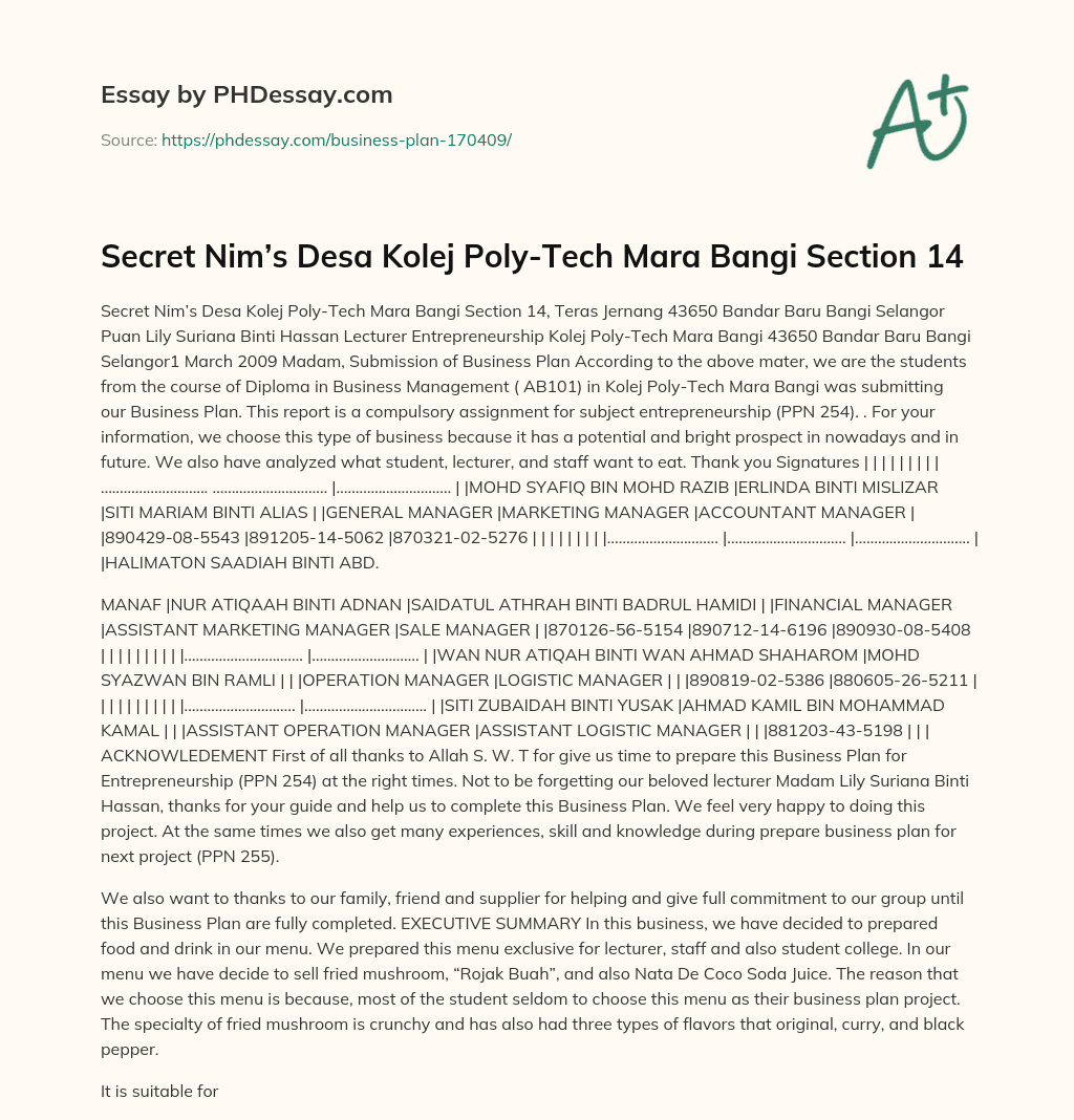 Secret Nim’s Desa Kolej Poly-Tech Mara Bangi Section 14 essay