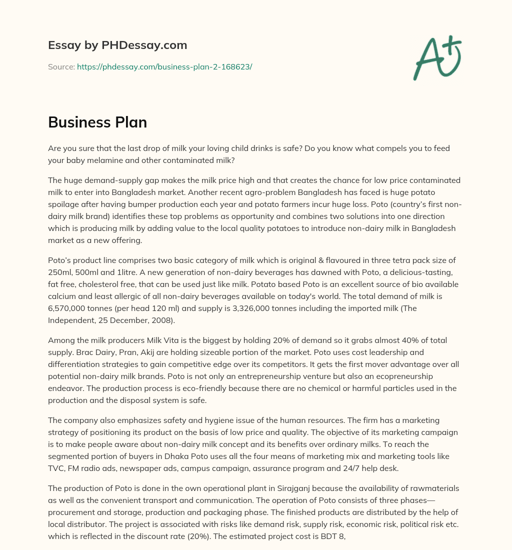 Poto: Introducing Non-Dairy Milk in Bangladesh Market to Address Contamination and Potato Spoilage essay