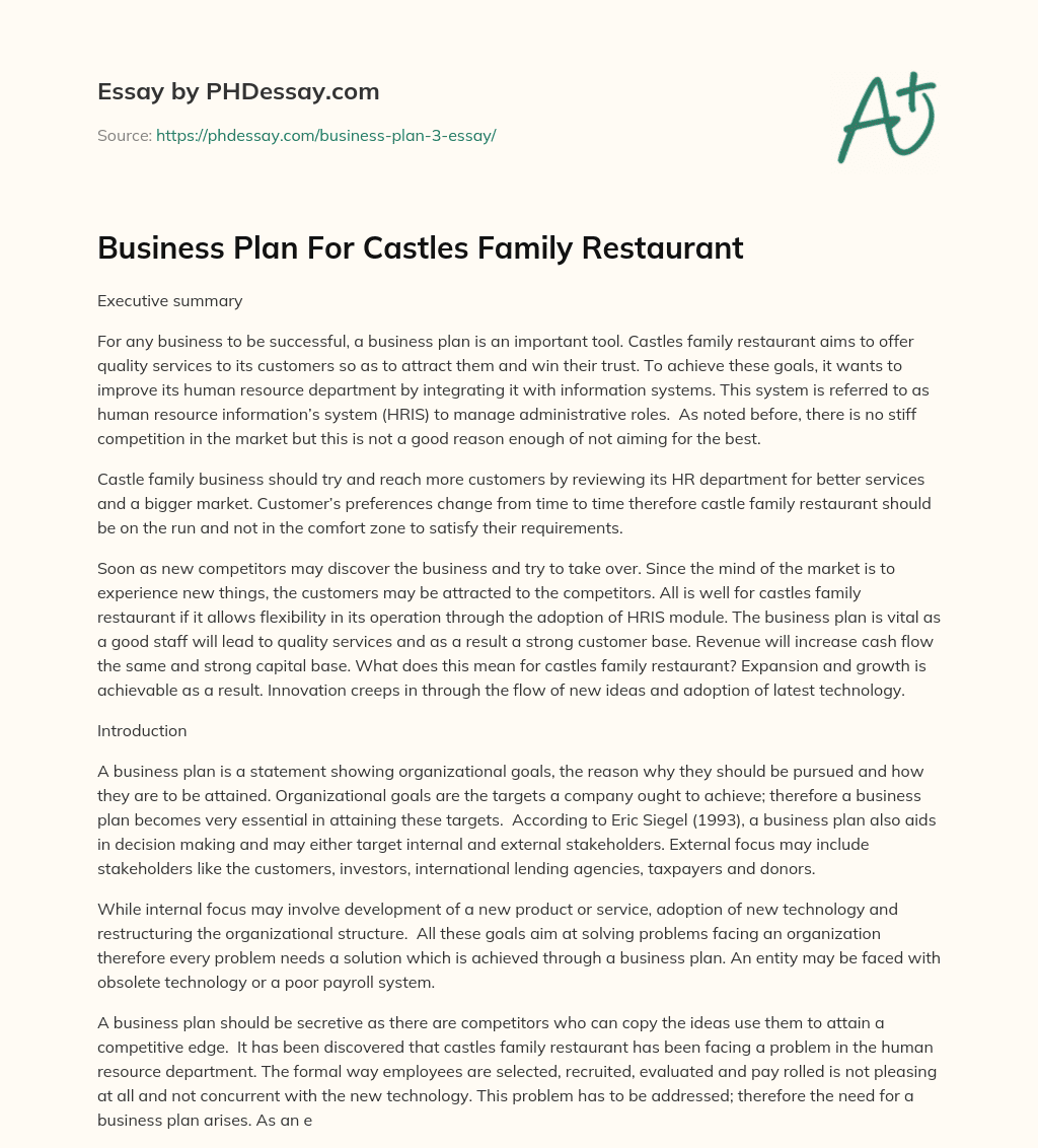 Business Plan For Castles Family Restaurant essay