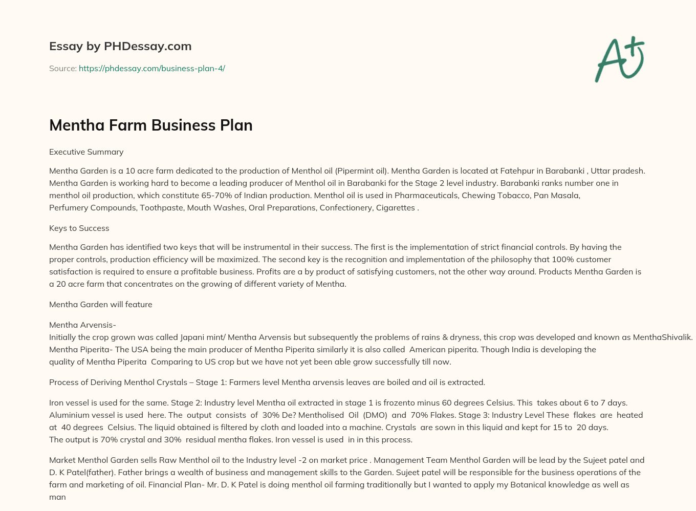 Mentha Farm Business Plan essay