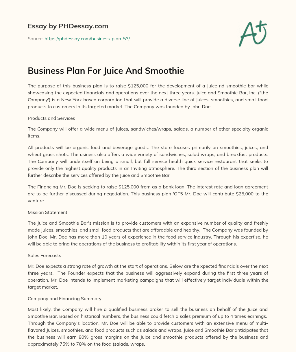 Business Plan For Juice And Smoothie essay