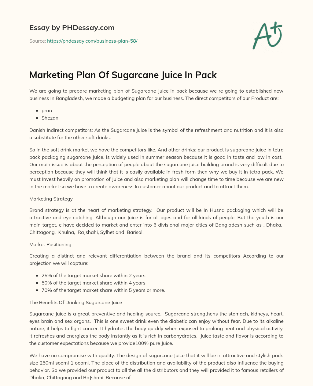 Marketing Plan Of Sugarcane Juice In Pack essay