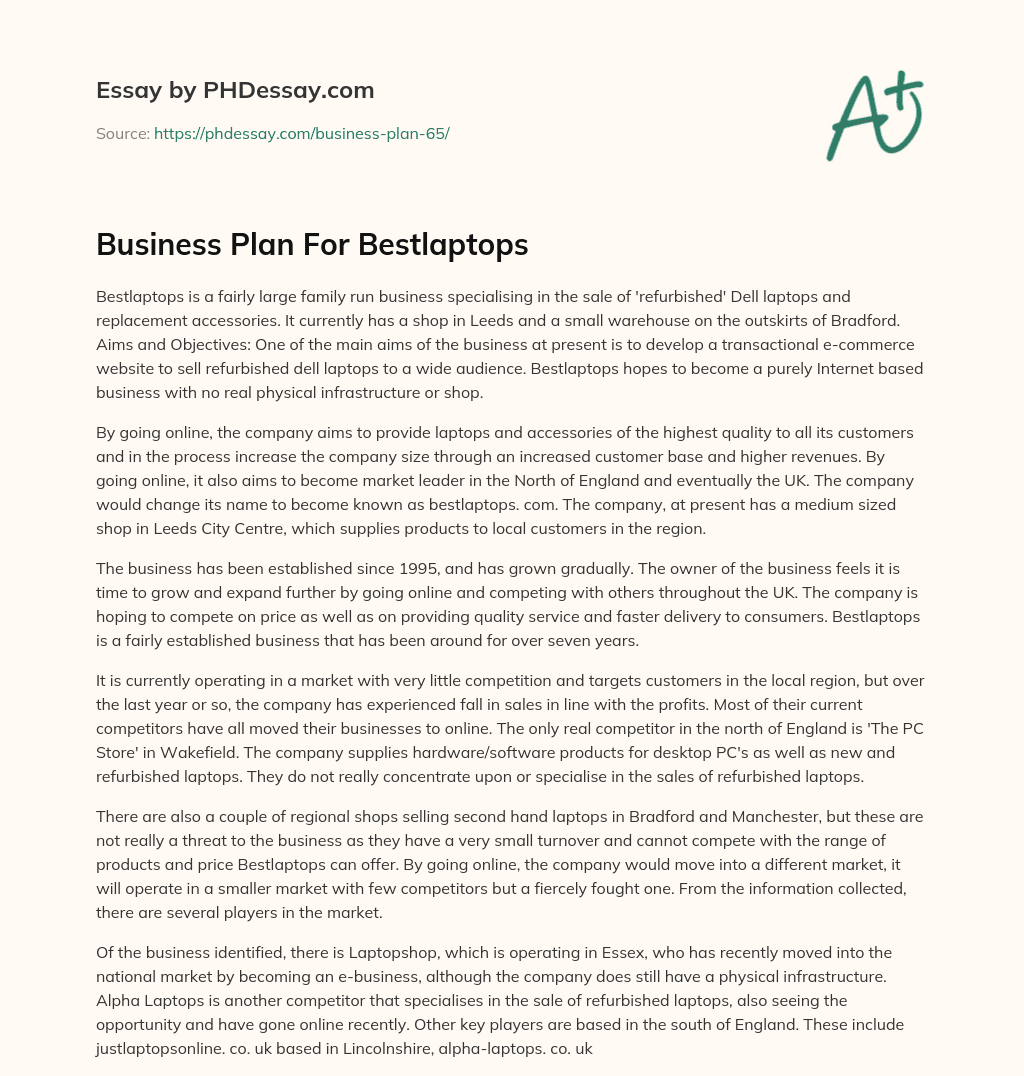 Business Plan For Bestlaptops essay